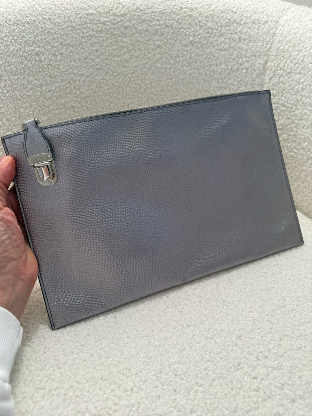 Prada Silver Gray Saffiano Leather Wristlet Clutch
